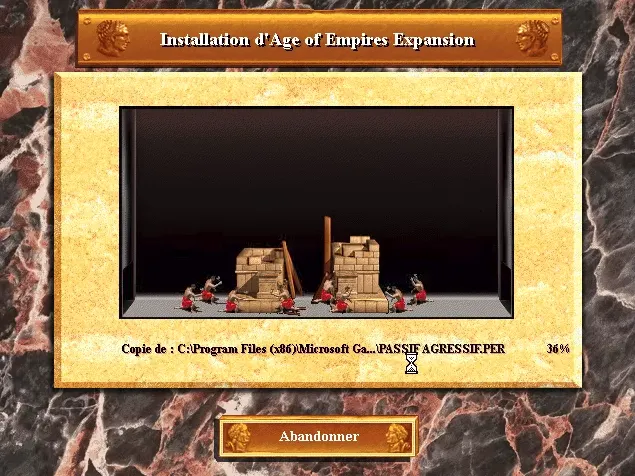 Builders working on a temple as the game installs